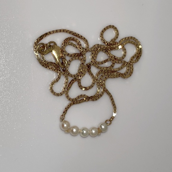 Solid 14K Italy Vintage Modern 5 Pearls Necklace Box Link Chain Lobster Clasp - Picture 4 of 14